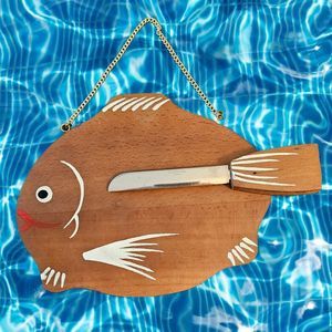 Fish Shaped Cutting Board With Inserted Knife As Tail Vintage